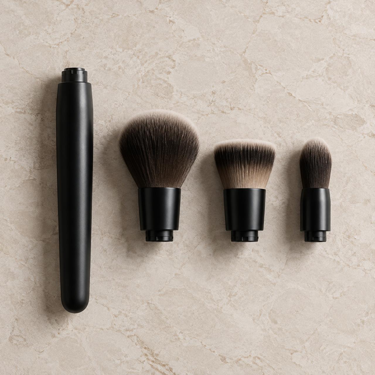 AMY handle beside three interchangeable brush heads