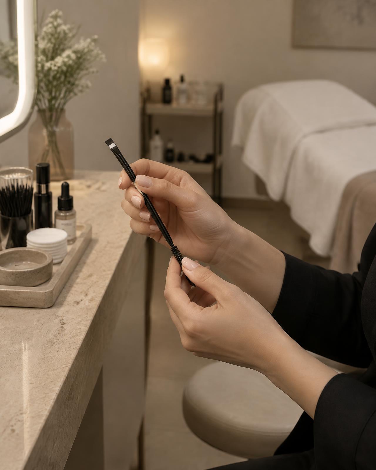 A brow artist holding the AMY brush in a treatment room